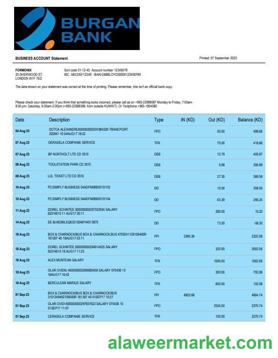 Burgan Bank enterprise account statement Word and PDF template